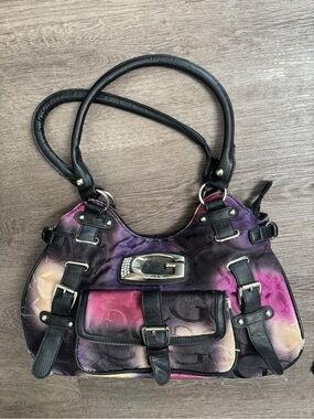 Guess Purple Pink Multicolor Logo Print Shoulder Bag Purse Black Trim
